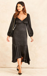 Sweetheart Neckline Midaxi Frill Dress in Black Satin | Belle
