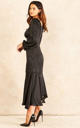 Sweetheart Neckline Midaxi Frill Dress in Black Satin | Belle