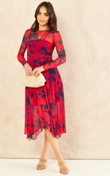 Handkerchief Hem Mesh Midi Dress In Red | Hilda