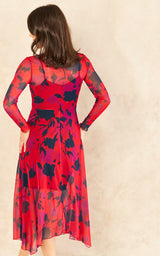 Handkerchief Hem Mesh Midi Dress In Red | Hilda