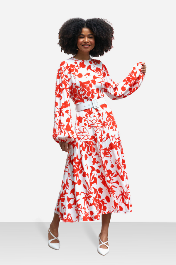Long Sleeve Midi Dress With Belt in Red White Floral