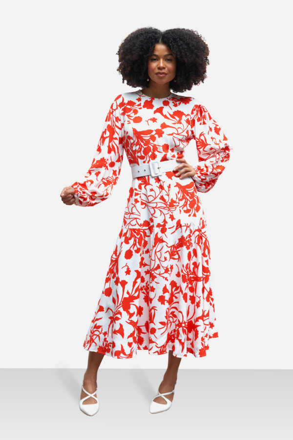 Long Sleeve Midi Dress With Belt in Red White Floral