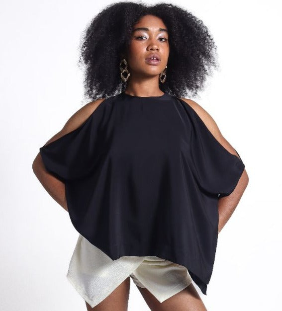 Oversized Cold Shoulder Top in Black| Shiva