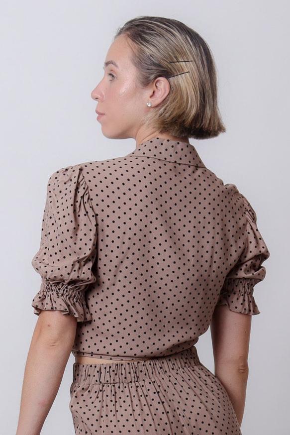 Tie Front Crop Shirt in Khaki Polka Dots| Rosanne