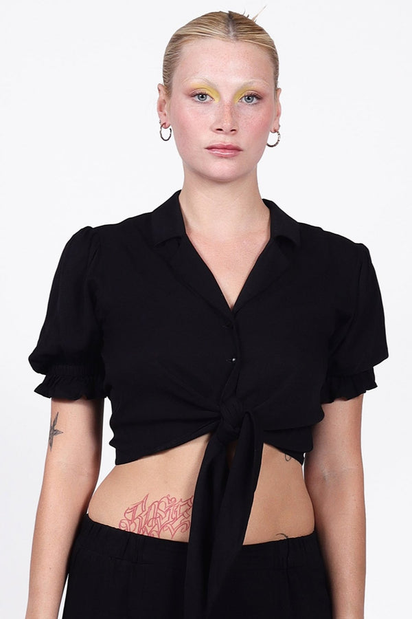 Tie Front Crop Shirt in Black | Rosanne