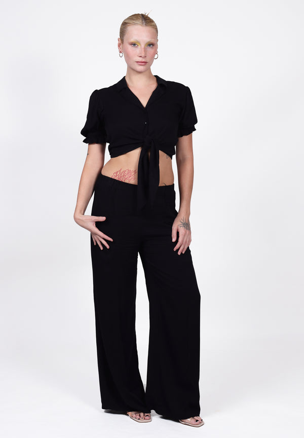 Tie Front Crop Shirt in Black | Rosanne