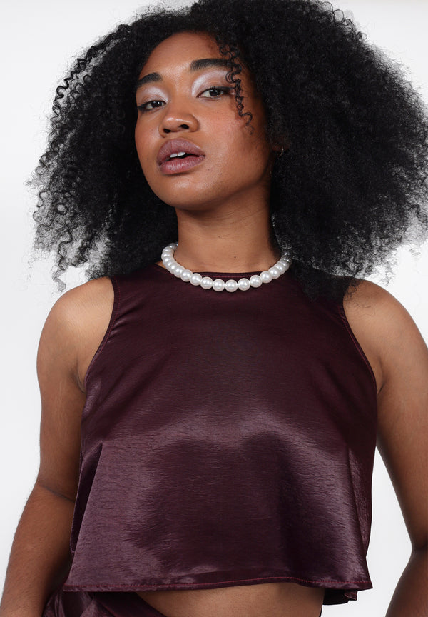 Burgundy Satin Co-Ord X-Back Crop Top | Darya