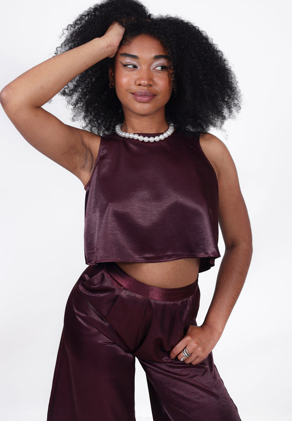 Burgundy Satin Co-Ord X-Back Crop Top | Darya