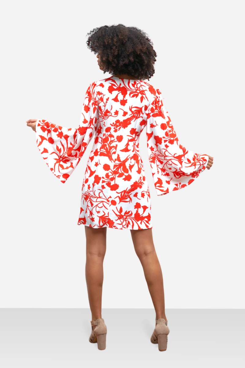V Neck Long Sleeve Mini Dress, Red White Floral Dress for Women