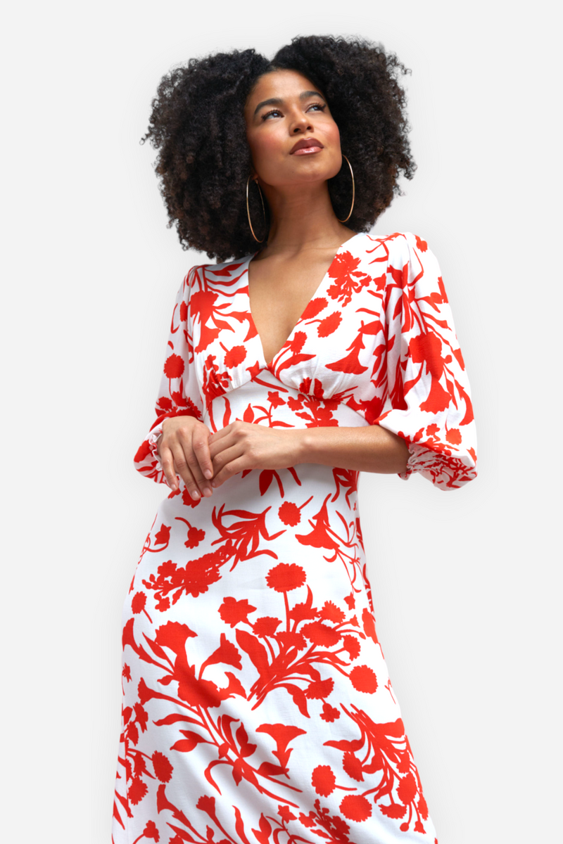V Neck Midi Dress, Red White Floral Midi Dress for Women