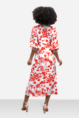 V Neck Midi Dress, Red White Floral Midi Dress for Women