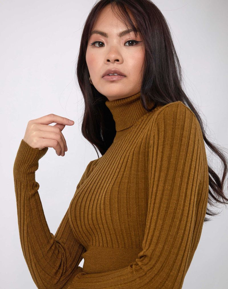 the model holds her hand to her face while wearing the Vlona Olive Turtleneck Ribbed Knit