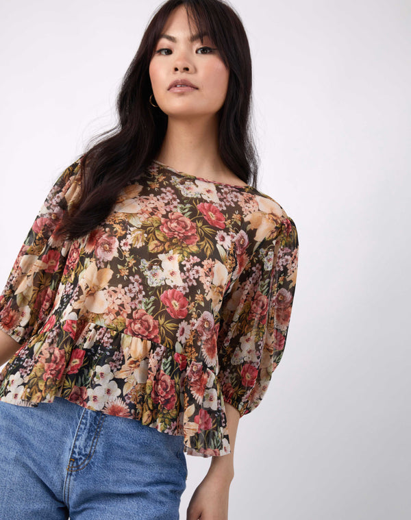 Floral mesh top with peplum
