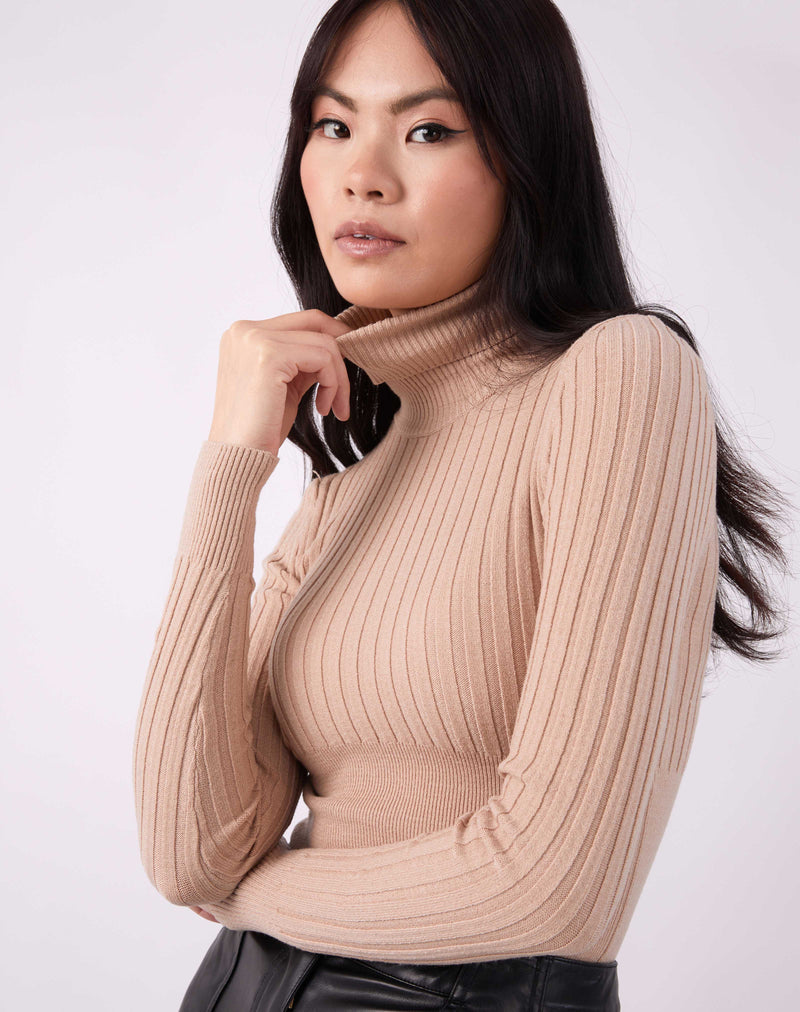 Turtleneck Ribbed Fitted Knit Top in White