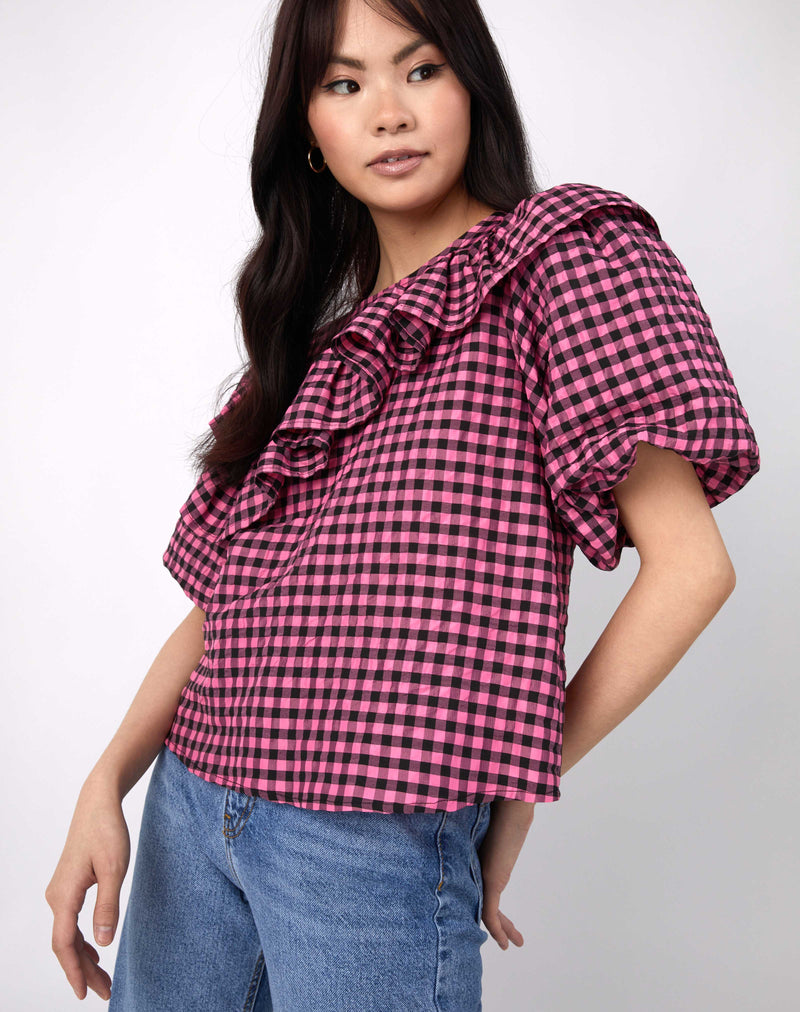 Laila Pink Check Frill Top
