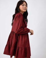 Oversized Collar Cotton Mini Dress in Burgundy | Alice