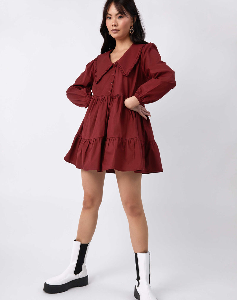Oversized Collar Cotton Mini Dress in Burgundy | Alice