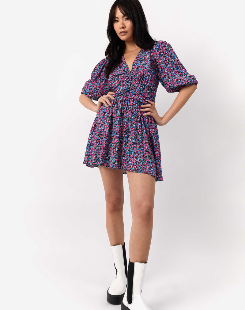 Puff Sleeve Tea Dress in Pink and Blue Floral