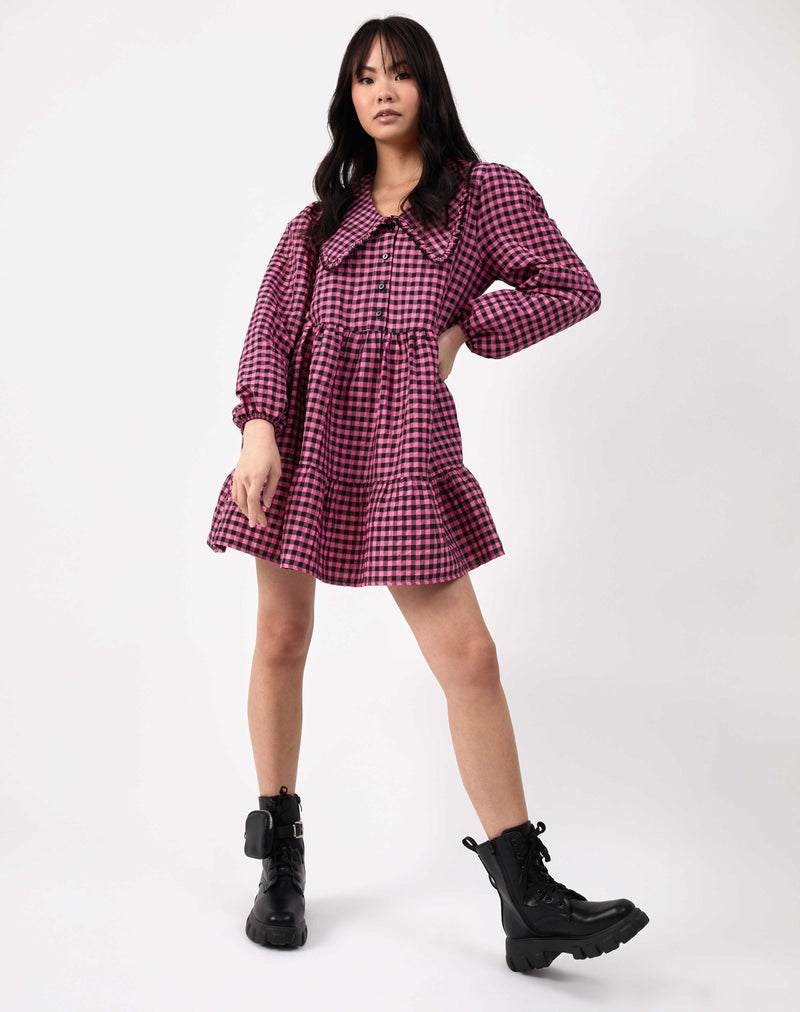 Oversized Collar Tiered Mini Dress in Black and Pink Gingham