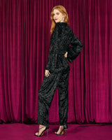 Faux Wrap Long Sleeve Jumpsuit With Diamante in Black Velvet | Ariana