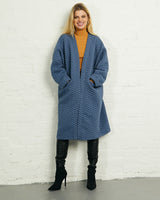 Quilted Long Open Front Coat with Pockets in Blue | Cali