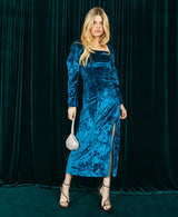 Square Neck Puff Sleeve Midi Dress in Teal Blue Velvet | Eliza