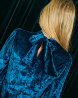Puff Sleeve Tie Neck Mini Dress in Teal Blue Velvet | Robyn