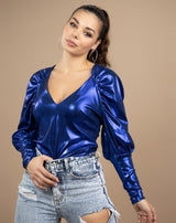 Long Sleeve V Neck High Shine Top in Metallic Blue | Leanne