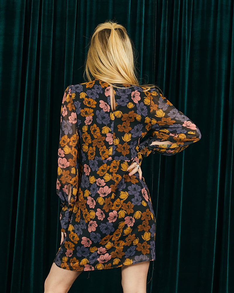 High Neck Long Sleeve Mini Dress in Floral Chiffon | Chelsea