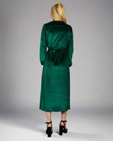 Curved Hem Long Sleeve Midi Wrap Dress in Green Velvet | Georgia