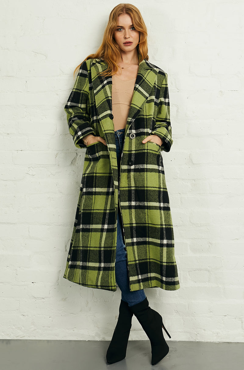 Double Breasted Long Coat in Green Black Check