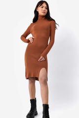 Roll Neck Knit Midi Dress in Camel Brown | Liana