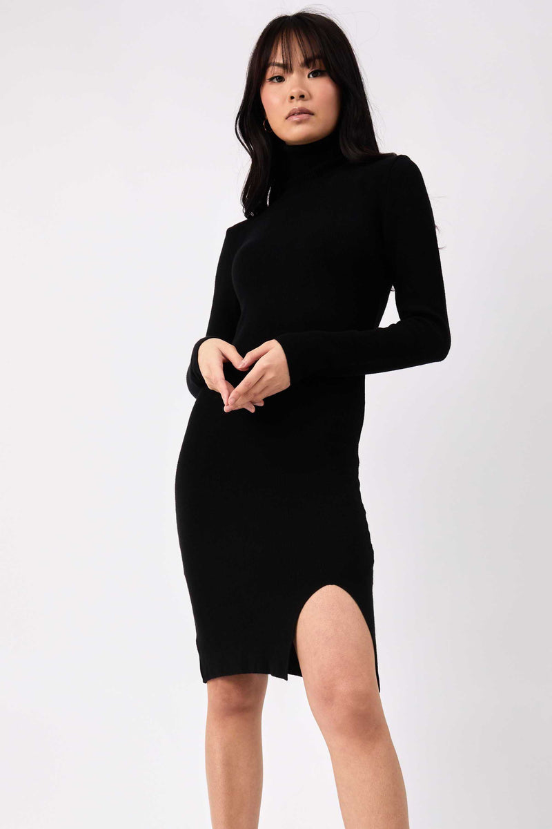 Roll Neck Knit Midi Dress in Black | Liana