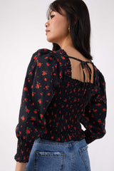 Puff Sleeve Square Neck Shirred Top in Black Floral | Mia
