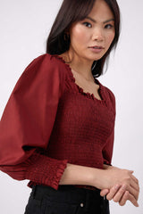 Puff Sleeve Square Neck Shirred Top in Burgundy