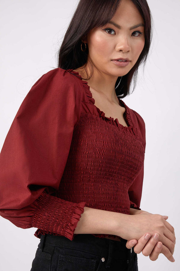 Puff Sleeve Square Neck Shirred Top in Burgundy | Mia