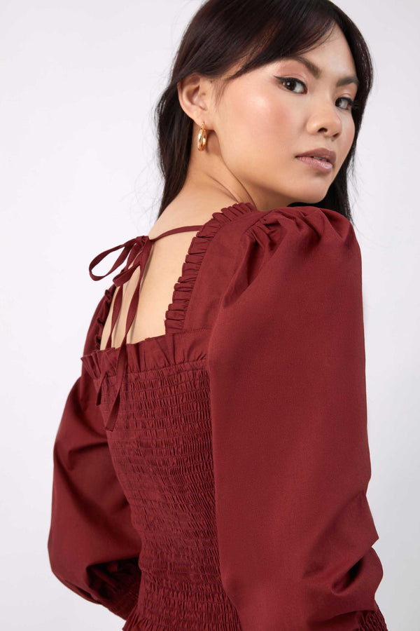 Puff Sleeve Square Neck Shirred Top in Burgundy | Mia