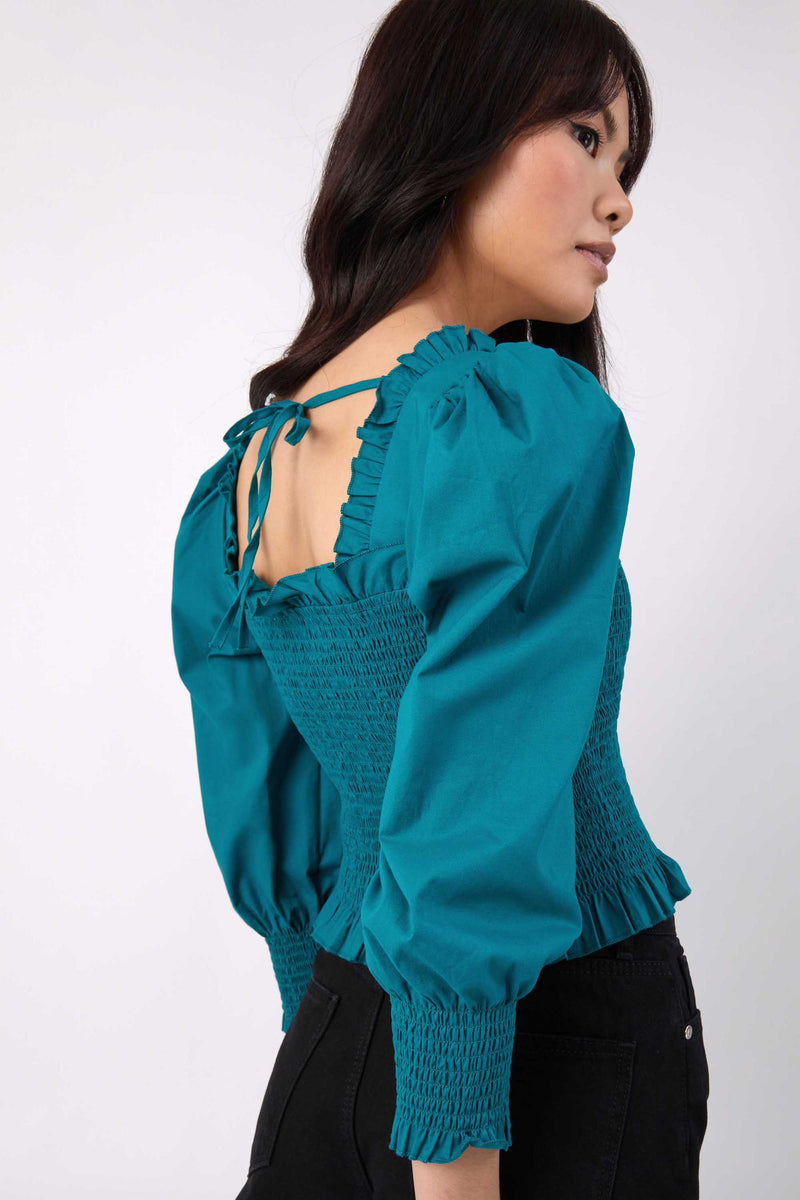 Puff Sleeve Square Neck Shirred Top in Teal Blue | Mia