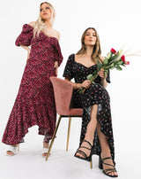 Sweetheart Neckline Midaxi Frill Dress in Black Rose Floral | Belle