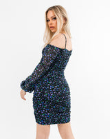 Mesh Mini Dress with Long Sleeves in Black Purple Floral | Alana