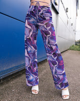 Mesh Flared Trousers With Ruching in Purple | Florence