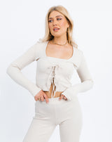 Ribbed Tie Front Top & Bandeau in Cream
