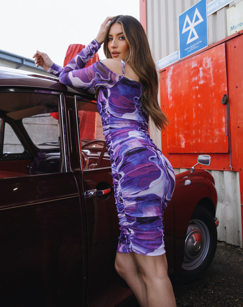 Cold Shoulder Mesh Midi Dress in Purple | Lori