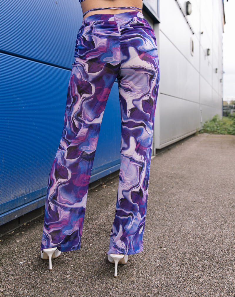 Mesh Flared Trousers With Ruching in Purple | Florence