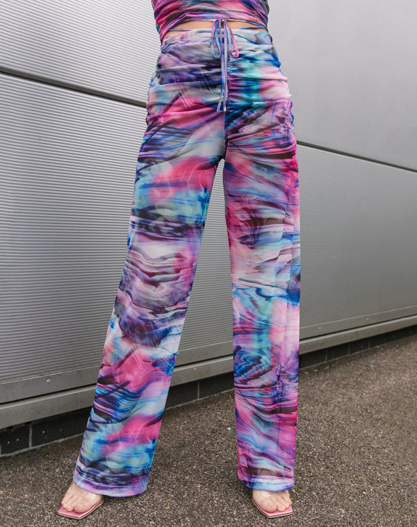 Mesh Flared Trousers With Ruching in Pink Tie Dye | Florence