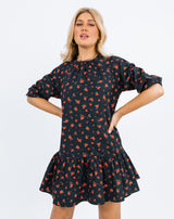 Peplum Hem Cotton Mini Dress in Black Rose Print | Clarissa