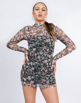 Mesh High Neck Long Sleeve Mini Dress in Floral | Ophelia