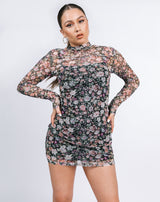 Mesh High Neck Long Sleeve Mini Dress in Floral | Ophelia