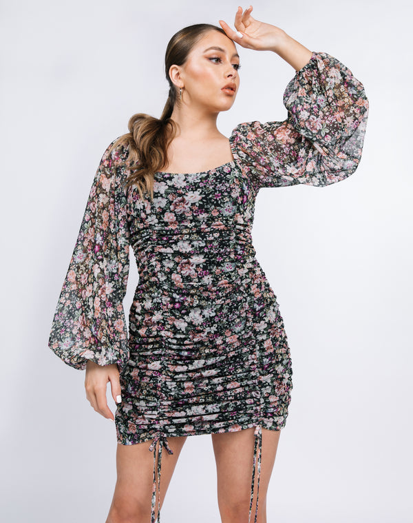Square Neck Ruched Mini Dress in Mesh Floral | Helena