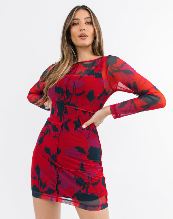 Mesh Long Sleeve Mini Dress with Exposed Seams in Red Floral | Lara